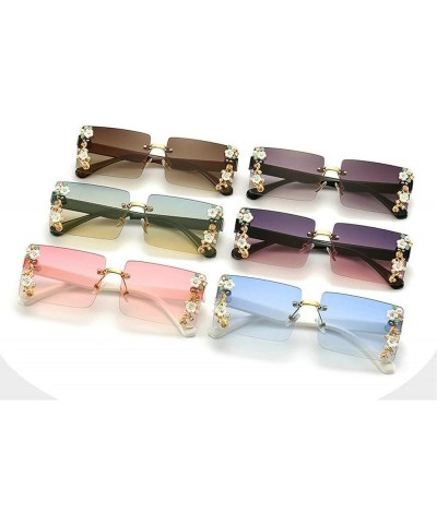 Rimless Sunglasses Women Shiny Crystal Rectangle Sun Glasses Flower Decoration Eyewear Vintage Men Shades UV400 Tea $10.06 Ri...