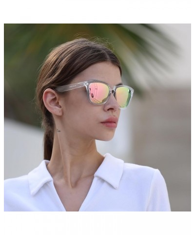 Sunglasses Polarized for Women Men Classic Square Retro Designer Style Sun Glasses With UV Protection Clear Frame / Pink Mirr...