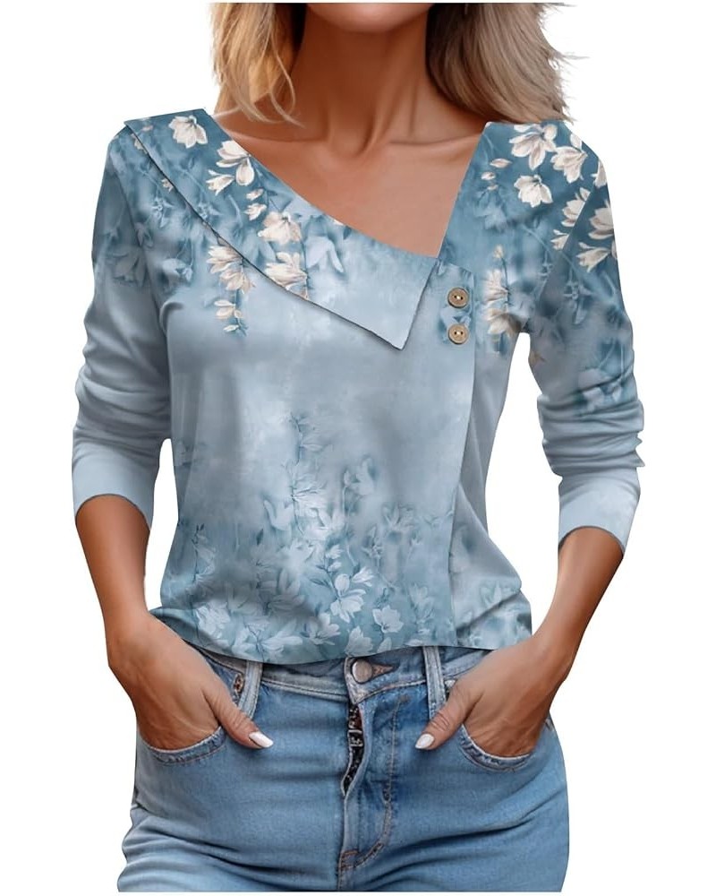 Women's 2023 Fall Long Sleeve Cotton Tops V Neck Comfy Henley Oversized Blouses Lose Fit Hippie Cowl V Neck Clothes 5-cyan $1...