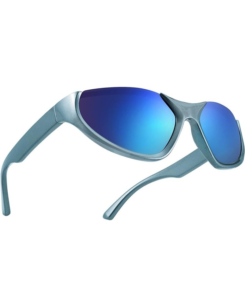 Y2K Futuristic Wrap Around Fashion Sunglasses Trendy Men Women Shades B4116 Blue Frame & Blue Mirror Lens $11.39 Rimless