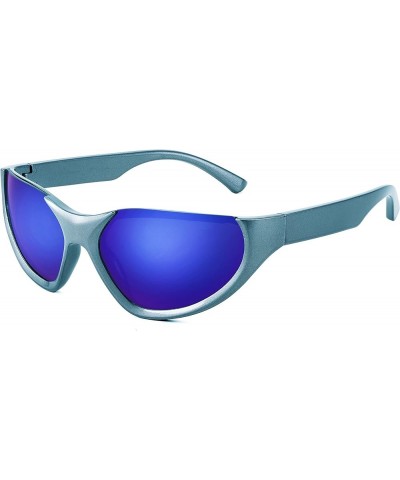 Y2K Futuristic Wrap Around Fashion Sunglasses Trendy Men Women Shades B4116 Blue Frame & Blue Mirror Lens $11.39 Rimless