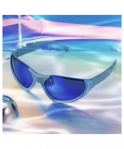 Y2K Futuristic Wrap Around Fashion Sunglasses Trendy Men Women Shades B4116 Blue Frame & Blue Mirror Lens $11.39 Rimless