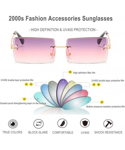 90s 2000s Rectangle Rimless Sunglasses Women Men Y2K Accessories Vintage Retro Frameless Square Glasses Gold-purple Pink $9.8...