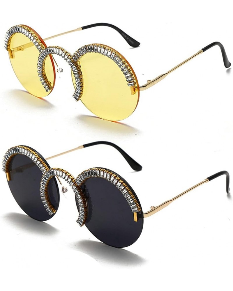 Rimless Womens Round Sunglasses 2021 Crystal Sun Glasses Men punk Eyeglasses Diamond Retro Summer Party Eyewear 2pcs-yellow&b...