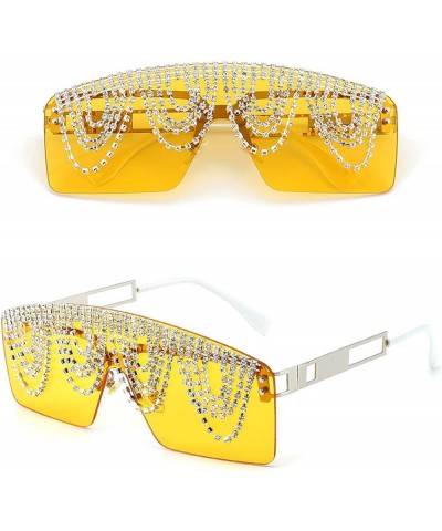 Fashion Rectangle Rhinestone Sunglasses For Women Men Fashion UV400 Oversized One Piece Crystal Chain Decoration Yellow $10.9...