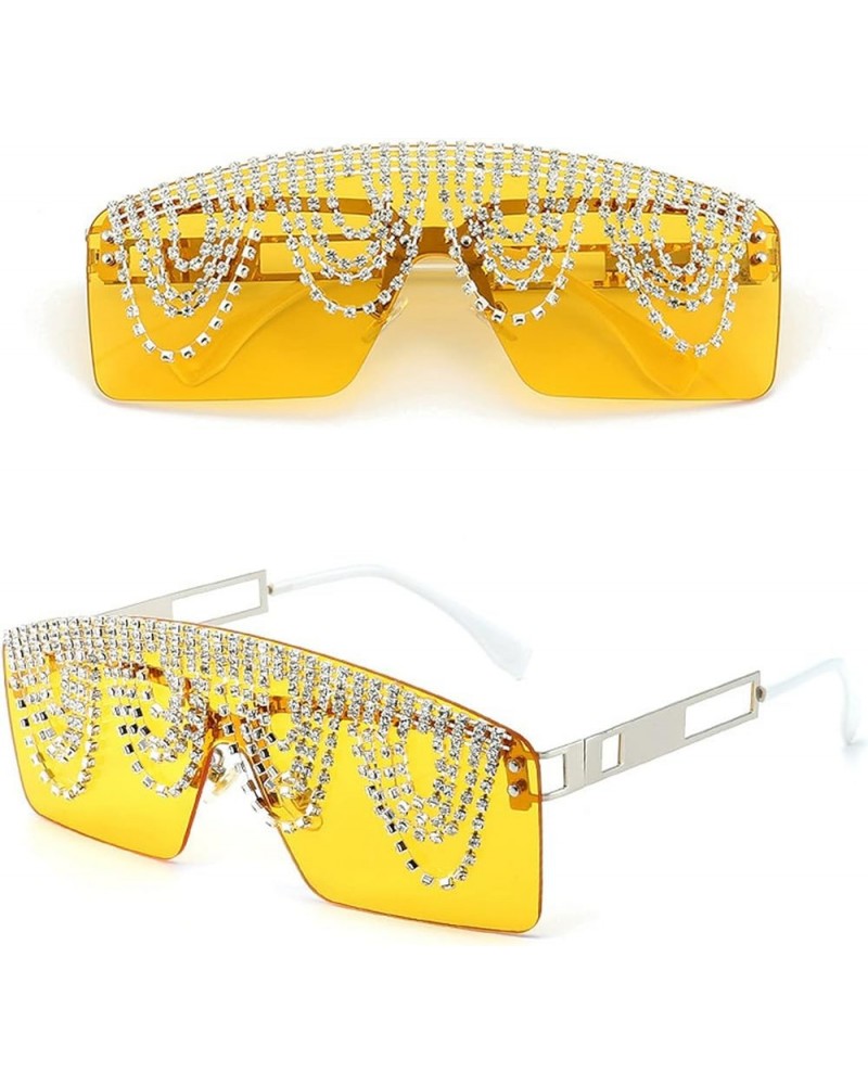 Fashion Rectangle Rhinestone Sunglasses For Women Men Fashion UV400 Oversized One Piece Crystal Chain Decoration Yellow $10.9...