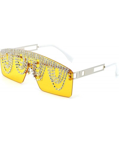 Fashion Rectangle Rhinestone Sunglasses For Women Men Fashion UV400 Oversized One Piece Crystal Chain Decoration Yellow $10.9...