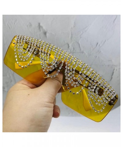 Fashion Rectangle Rhinestone Sunglasses For Women Men Fashion UV400 Oversized One Piece Crystal Chain Decoration Yellow $10.9...