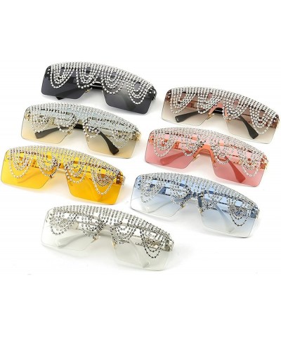 Fashion Rectangle Rhinestone Sunglasses For Women Men Fashion UV400 Oversized One Piece Crystal Chain Decoration Yellow $10.9...