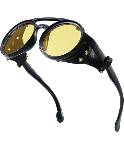 Round Premium Steampunk Sunglasses For Men With Leather Side, UV400 Protection HD Punk Sungalss Yellow $10.00 Goggle