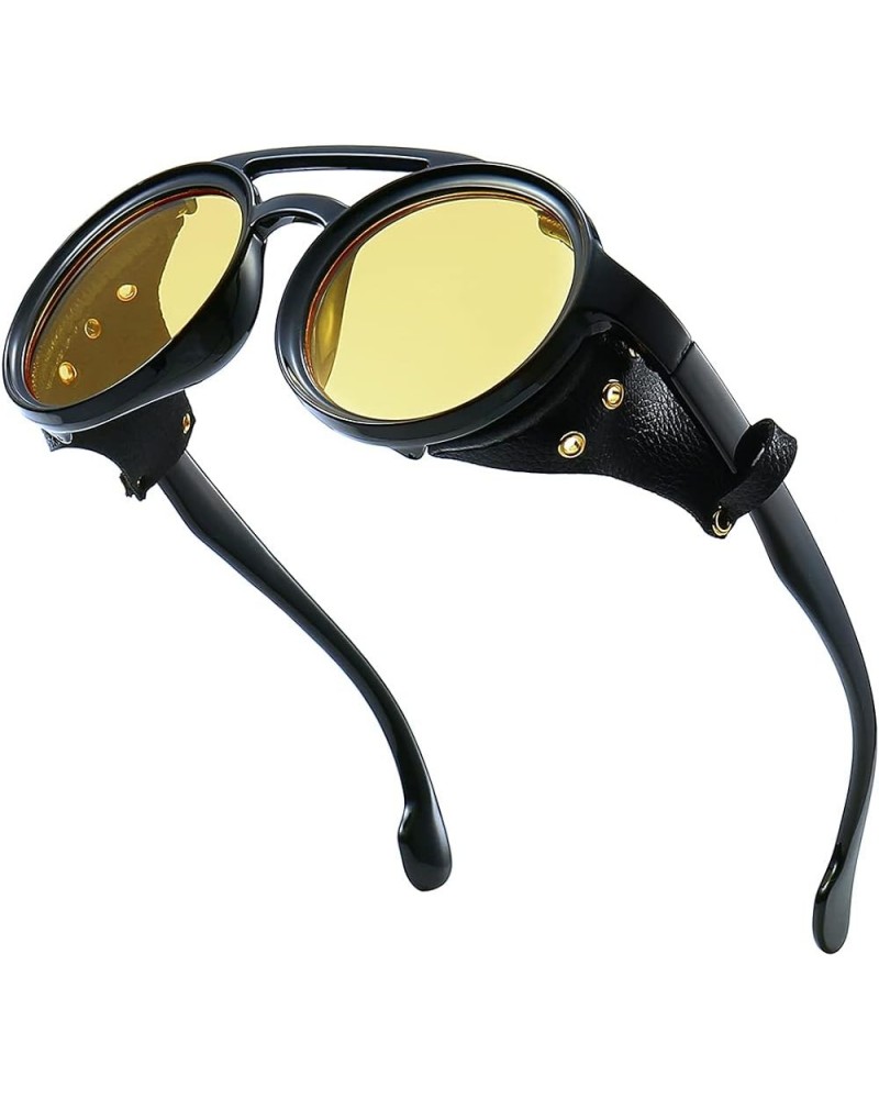 Round Premium Steampunk Sunglasses For Men With Leather Side, UV400 Protection HD Punk Sungalss Yellow $10.00 Goggle