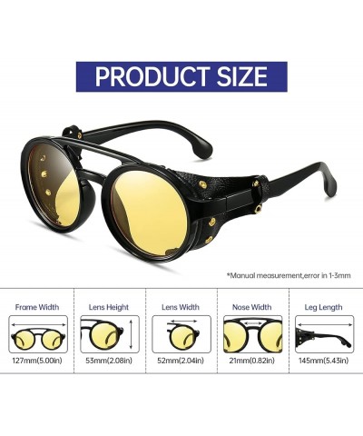 Round Premium Steampunk Sunglasses For Men With Leather Side, UV400 Protection HD Punk Sungalss Yellow $10.00 Goggle