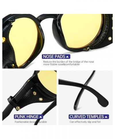 Round Premium Steampunk Sunglasses For Men With Leather Side, UV400 Protection HD Punk Sungalss Yellow $10.00 Goggle