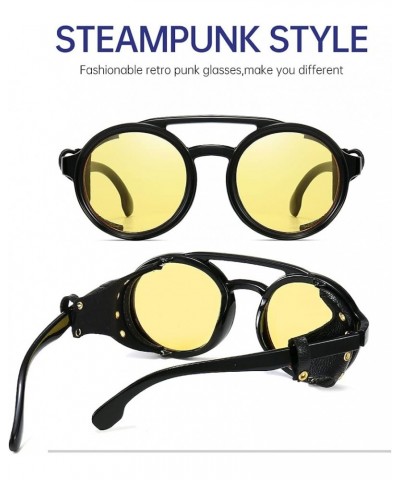 Round Premium Steampunk Sunglasses For Men With Leather Side, UV400 Protection HD Punk Sungalss Yellow $10.00 Goggle