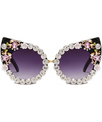 Diamond Cat Eye Sunglasses Women Flower Rhinestone Big Frames Colorful Bling Crystal Vintage Sun Glasses Black $16.23 Cat Eye