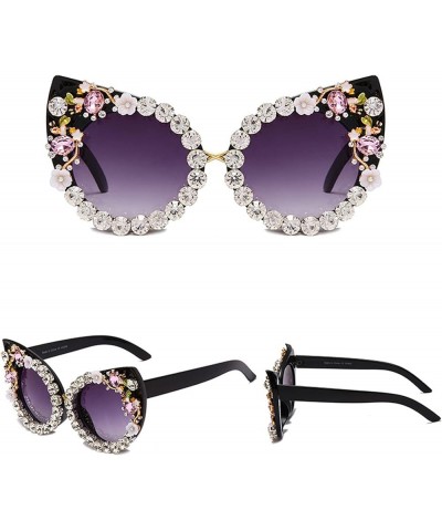 Diamond Cat Eye Sunglasses Women Flower Rhinestone Big Frames Colorful Bling Crystal Vintage Sun Glasses Black $16.23 Cat Eye