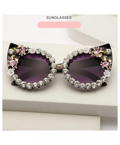 Diamond Cat Eye Sunglasses Women Flower Rhinestone Big Frames Colorful Bling Crystal Vintage Sun Glasses Black $16.23 Cat Eye