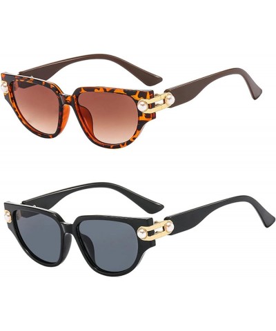 Fashion black Pearl Sunglasses for Women Cute cat eye Sunglasses Candy Colors Party Sun Glasses 2pcs-black&leopard $9.30 Cat Eye