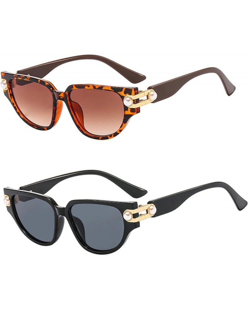 Fashion black Pearl Sunglasses for Women Cute cat eye Sunglasses Candy Colors Party Sun Glasses 2pcs-black&leopard $9.30 Cat Eye