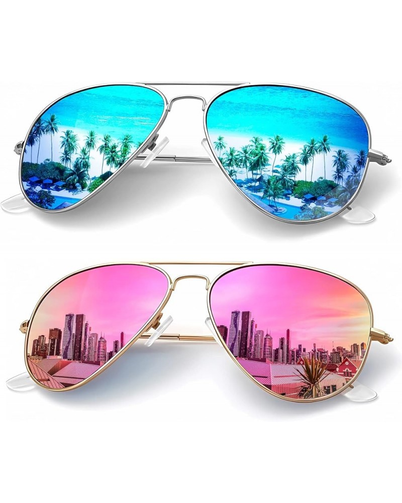 Classic Aviator Sunglasses for Men Women Driving Sun glasses Polarized Lens UV Blocking E (2 Pack) Blue/Pink $8.82 Rimless