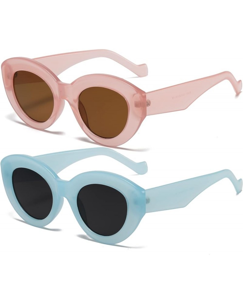 Oversized Cat Eye Sunglasses for Women Cute Oval Thick Frame Cateye Sun Glasses Chic Retro Style Shades 2 Set (Pink + Blue) $...