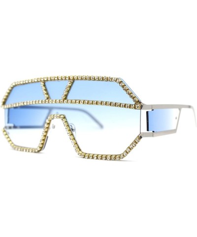 Fully Blinged Out Rhinestone Flat Top Mob Rimless Racer Sunglasses Silver Blue $10.32 Wayfarer