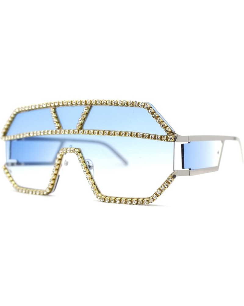 Fully Blinged Out Rhinestone Flat Top Mob Rimless Racer Sunglasses Silver Blue $10.32 Wayfarer