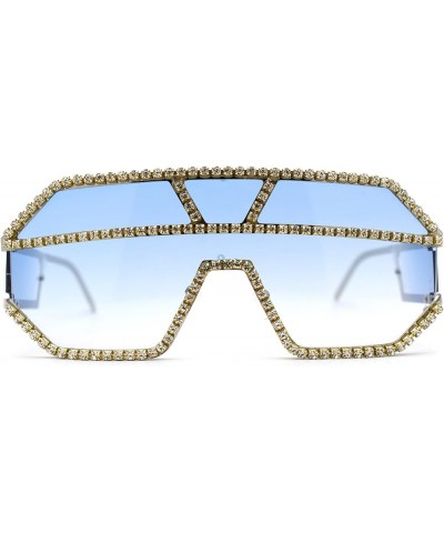 Fully Blinged Out Rhinestone Flat Top Mob Rimless Racer Sunglasses Silver Blue $10.32 Wayfarer