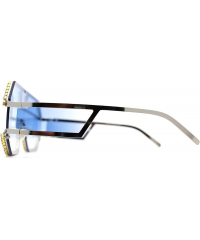 Fully Blinged Out Rhinestone Flat Top Mob Rimless Racer Sunglasses Silver Blue $10.32 Wayfarer