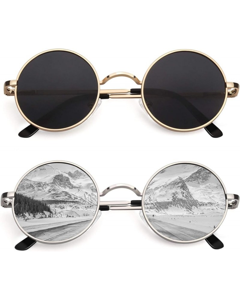 E01 Lennon Round Polarized Unisex Sunglasses Gold Frame Grey Lens & Silver Frame Silver Lens Mirrored $9.84 Round