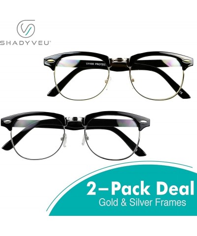 Classic 80s Style Vintage Club Half Rimmed Frame Clear Lens UV400 Horn Accent Rimless Men Women Eye Glasses 2-pack Gold & Sil...