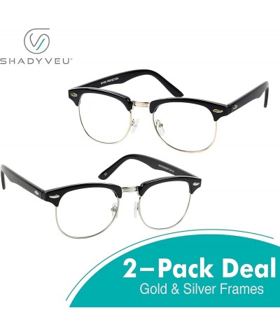 Classic 80s Style Vintage Club Half Rimmed Frame Clear Lens UV400 Horn Accent Rimless Men Women Eye Glasses 2-pack Gold & Sil...