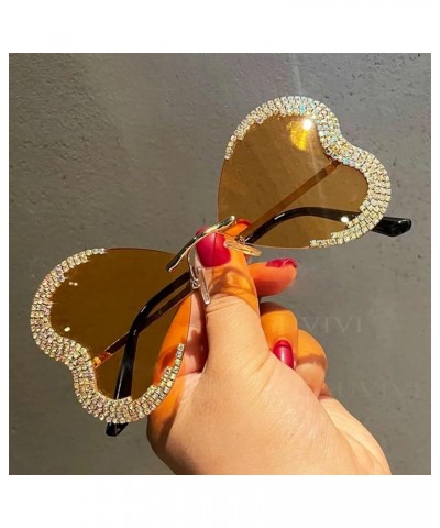 COTIA/Shiny Rhinestone Butterfly Love Heart Shape Sunglasses Rimless Diamond Bordered Unique Eyeglasses Tea $10.97 Designer