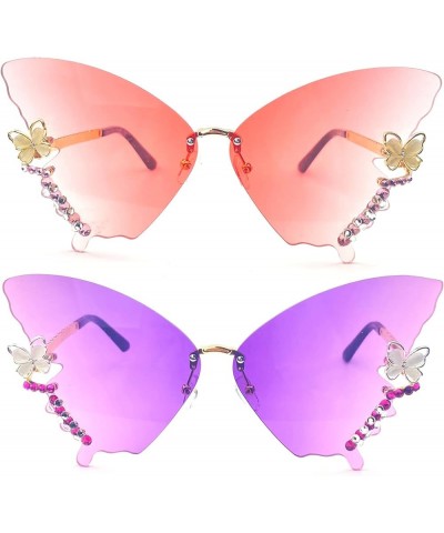 Trendy Diamond Butterfly Sunglasses Womens Rimless Rhinestone bling Sunglasses UV400 Party Sun Glasses for Women 2pcs-pink&pu...