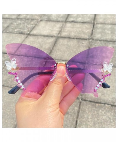 Trendy Diamond Butterfly Sunglasses Womens Rimless Rhinestone bling Sunglasses UV400 Party Sun Glasses for Women 2pcs-pink&pu...