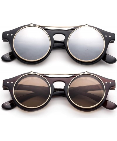 Classic Small Retro Steampunk Circle Flip Up Glasses/Sunglasses Cool Retro New Model 2 Pack Black/Mirror & Brown-w/Pouch Mult...