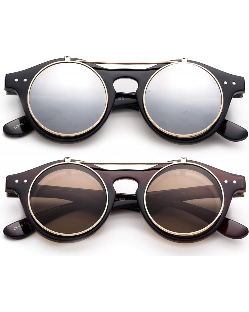 Classic Small Retro Steampunk Circle Flip Up Glasses/Sunglasses Cool Retro New Model 2 Pack Black/Mirror & Brown-w/Pouch Mult...