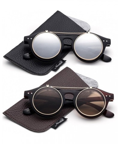 Classic Small Retro Steampunk Circle Flip Up Glasses/Sunglasses Cool Retro New Model 2 Pack Black/Mirror & Brown-w/Pouch Mult...