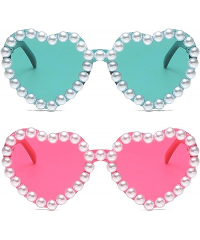 Cute Heart Shaped Sunglasses for Women Retro Vintage Bling Pearl Sunglasses Rave Party Sun Glasses Wedding Decor 2pc-green&ro...