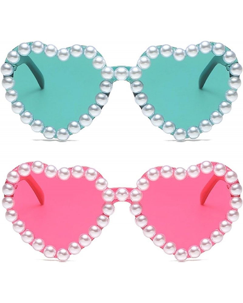 Cute Heart Shaped Sunglasses for Women Retro Vintage Bling Pearl Sunglasses Rave Party Sun Glasses Wedding Decor 2pc-green&ro...