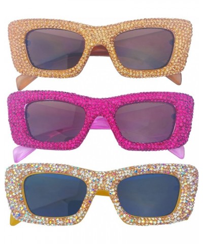 Rectangle Rhinestone Sunglasses for Women Trendy Retro bling Diamond Cat Eye Sunglasses UV400 Protection Square Frame 3pcs-br...