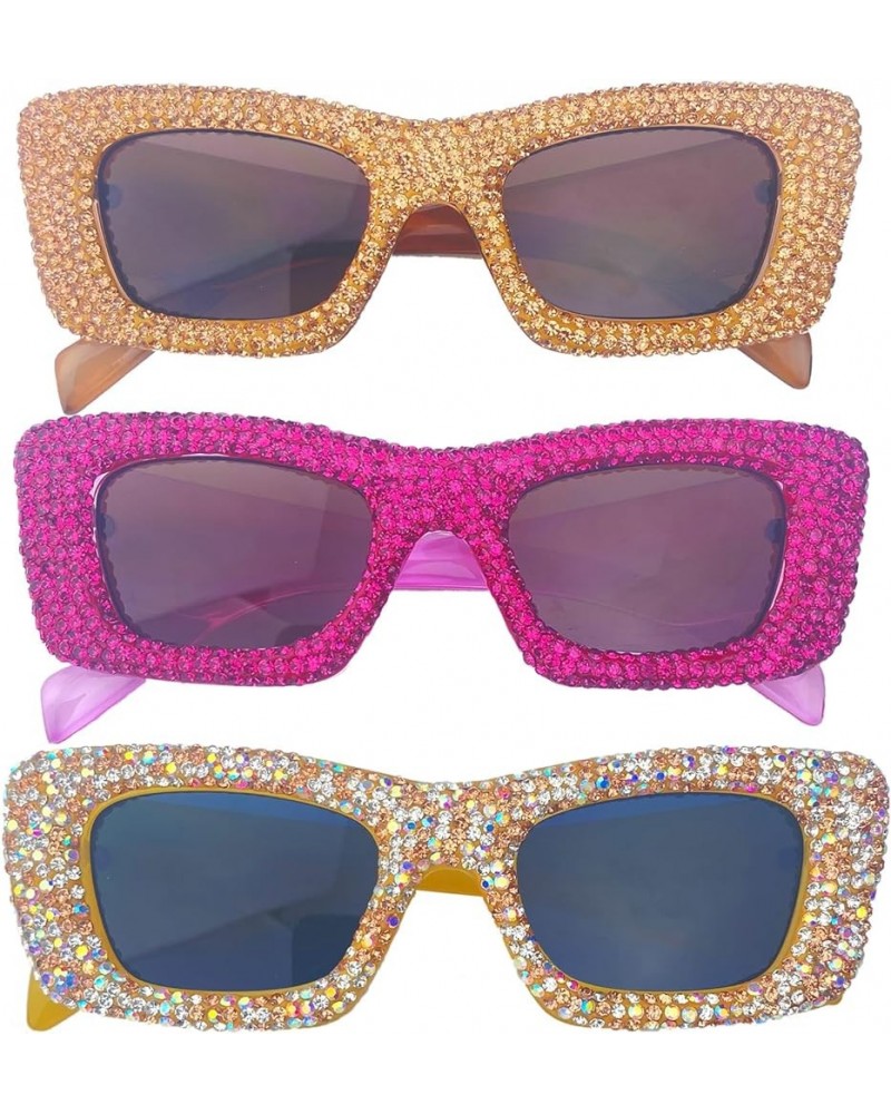 Rectangle Rhinestone Sunglasses for Women Trendy Retro bling Diamond Cat Eye Sunglasses UV400 Protection Square Frame 3pcs-br...