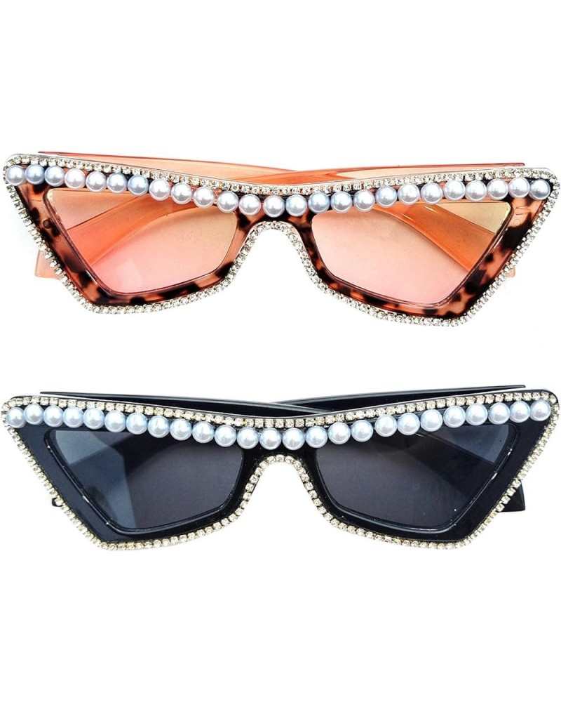 Diamonds bling Sunglasses for Women Shiny Crystal Rhinestone Pearl Sunglasses Female Fashion Cute Party Eyewear 2pcs-black&le...