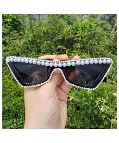 Diamonds bling Sunglasses for Women Shiny Crystal Rhinestone Pearl Sunglasses Female Fashion Cute Party Eyewear 2pcs-black&le...