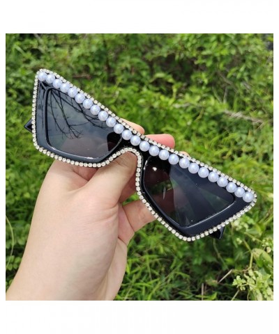 Diamonds bling Sunglasses for Women Shiny Crystal Rhinestone Pearl Sunglasses Female Fashion Cute Party Eyewear 2pcs-black&le...