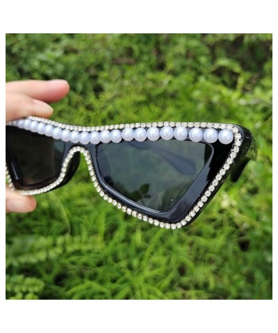 Diamonds bling Sunglasses for Women Shiny Crystal Rhinestone Pearl Sunglasses Female Fashion Cute Party Eyewear 2pcs-black&le...