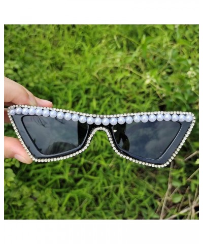 Diamonds bling Sunglasses for Women Shiny Crystal Rhinestone Pearl Sunglasses Female Fashion Cute Party Eyewear 2pcs-black&le...