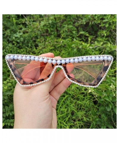 Diamonds bling Sunglasses for Women Shiny Crystal Rhinestone Pearl Sunglasses Female Fashion Cute Party Eyewear 2pcs-black&le...