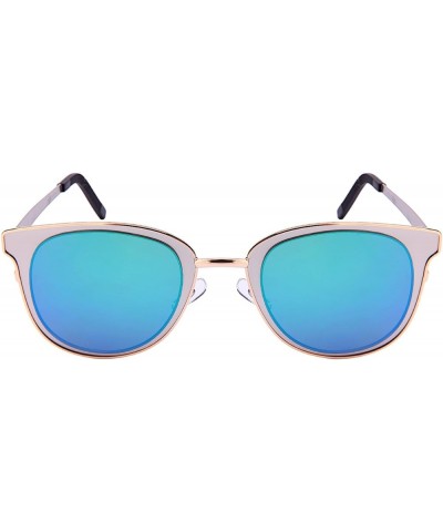 Unique Metal Framed Cat Eye Sunnies Flat Full Mirrored Lens w/Fiber Case M25147-FLREV Matte Silver Frame/Green Mirrored Lens ...