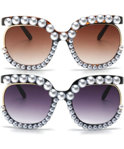 Oversized Pearl Round Sunglasses Womens Cute Fashion Trendy Bling Diamond Sunglasses 2pcs-black&leopard $11.27 Round